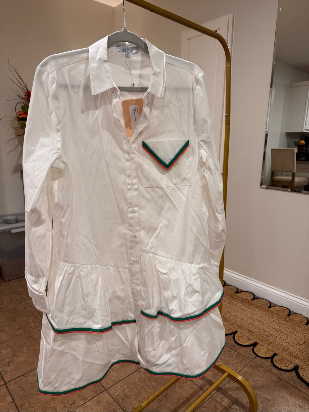 White Tiered Shirt Dress with Trim Accents